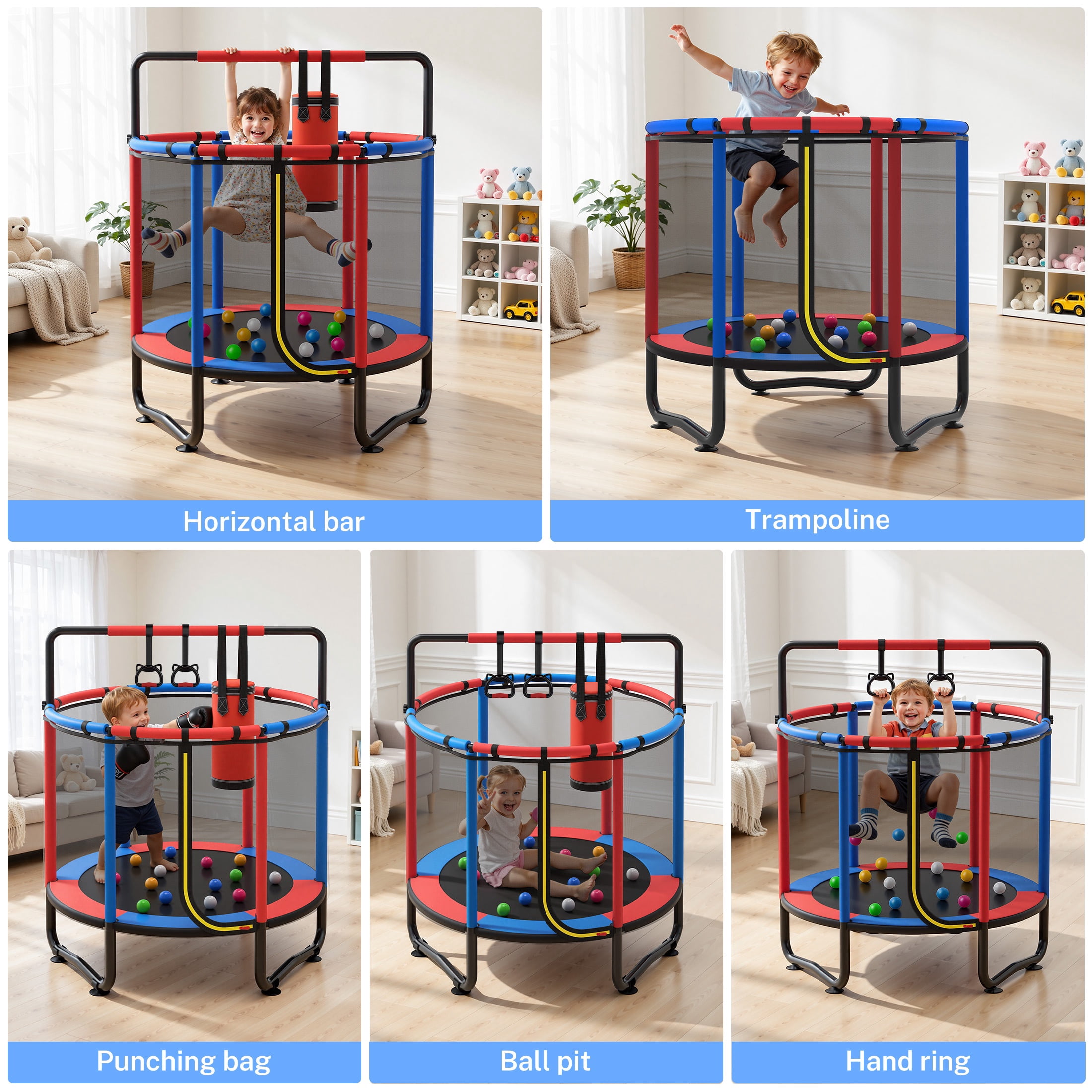 55" Toddler Trampoline, Activity Center with Gym Bar, Punching Bag, Rings, Ball Pit, Kids Trampoline, Indoor Toddler Play Gym, Mini Trampoline for Ages 3–6, 110lbs Weight Capacity, Blue
