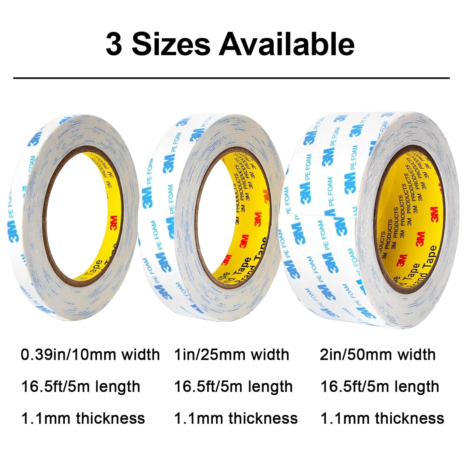 3M Double Sided Tape 1in x 16.5ft, Mounting Heavy Duty, Removeable PE Foam Strips, Strong Adhesive Waterproof Free Damage for Paint Wall Picture Hanging Poster