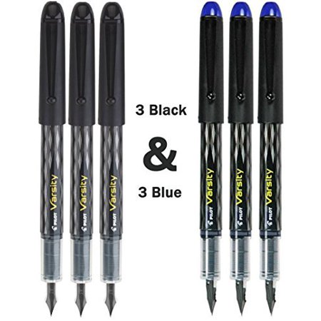 Pilot Varsity Disposable Fountain 6 Pack Combo, 3 Black Pens and 3 Blue