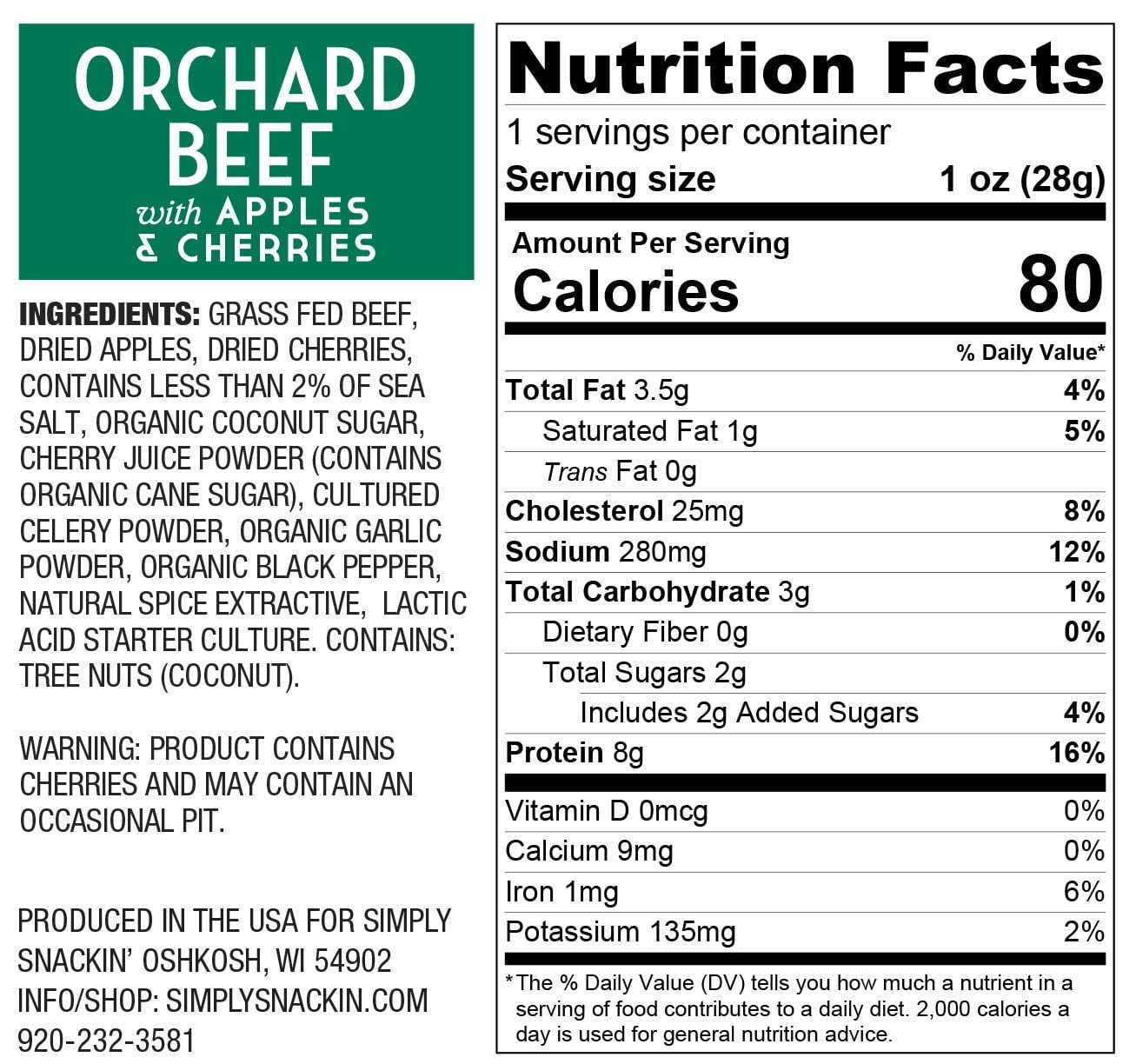 Simply Snackin' Beef Protein Snack - Orchard Beef with Apples & Cherries Size: 12-Pack