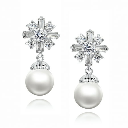 Round Shell Earrings - Cross W. Shell Pearl and Baguette and Round Cubic Zirconia Earrings for Women Girls White Gold Plated