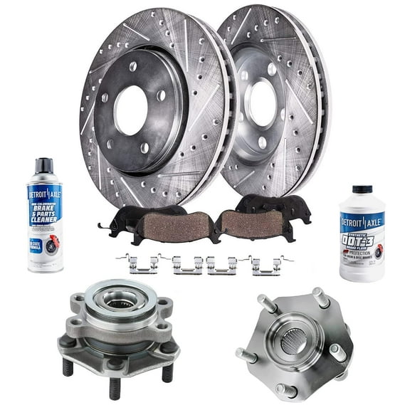 Detroit Axle - Front Brake Kit for 2013-2017 Nissan Sentra, 11.02'' inch Drilled & Slotted Disc Brake Rotors Ceramic Brake Pads Wheel Bearing & Hubs 2014 2015 2016 Replacement