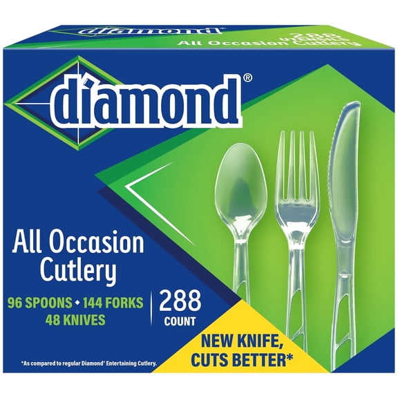 Diamond® All Occasion Everyday Disposable Cutlery Set - 288 Count - Includes 144 Forks, 96 Spoons, 48 Knives