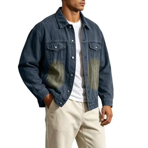 QSXADF Men's Denim Jacket Fall Long Sleeve Loose Vintage Cargo Coat with Multi Pockets