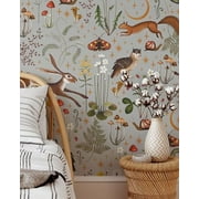 Gray Woodland Wallpaper | Removable Self Adhesive Animals Botanical Wallpaper | Flower and Forest Peel and Stick Wallpaper (1 roll 24" W x 72" H)