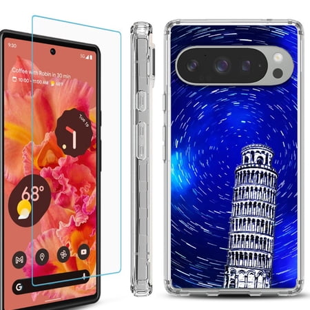 For Google Pixel 9 / 9 Pro Phone Case Cover Shockproof Bumper Case with Tempered Glass Screen Protector by OneToughShield - Tower of Pisa