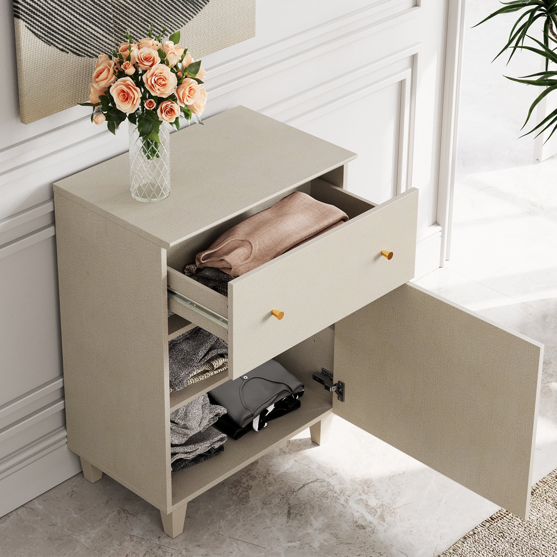 WAMPAT 4-in-1 Wood Dresser with 4 Drawers and 4 Cabinets for Bedroom, Modern Chest of Drawers, 94" Wide, Beige Linen Printed Finish
