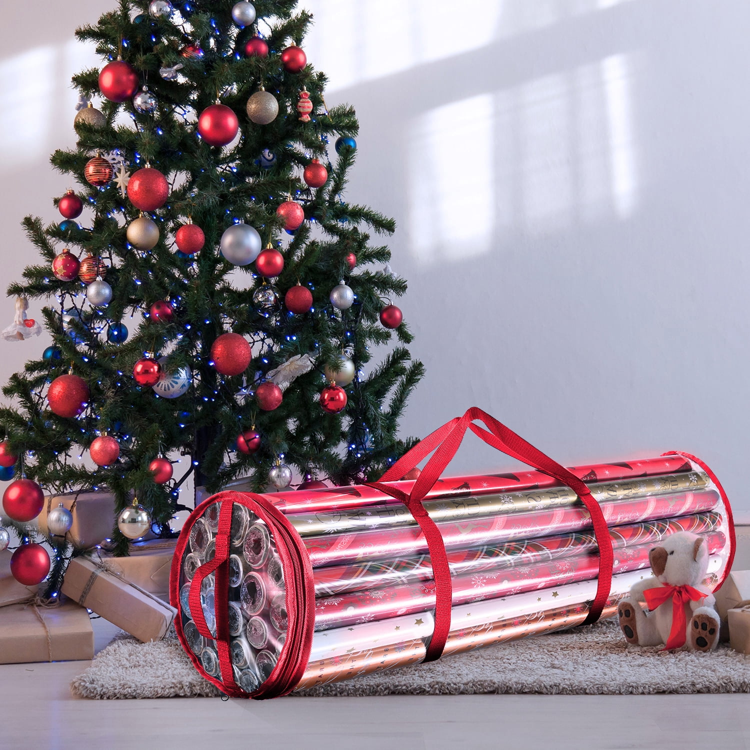 Hearth & Harbor Holiday Christmas Wrapping Paper Storage Bag Fits Up to 22 Rolls of 40", Red