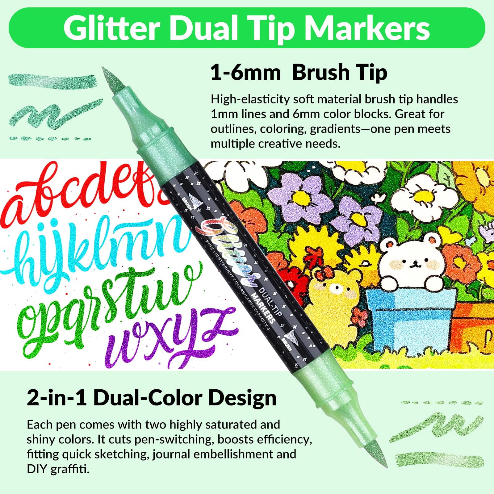 Glitter Effect Brush Markers Pens, Dual Tip Metallic Sparkle Markers Set with 1-6mm Brush Tip, 36 Unique Glitter Colors, Safe Water-Based Ink, for Card Making, DIY Crafts, Doodle