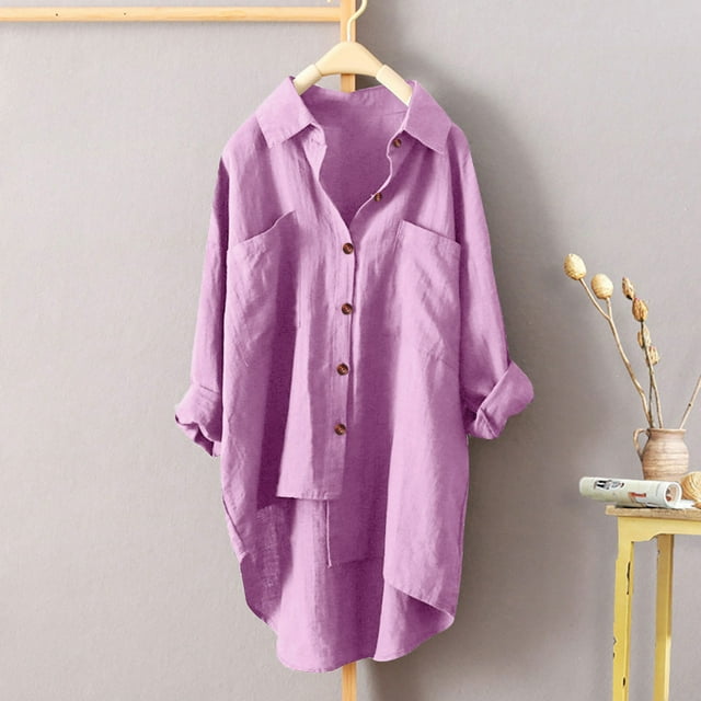 RXIRUCGD Women's Linen Shirt Roll-Up Sleeve Tops Button Irregular Tunic Pockets Blouse, Pink, Size: S
