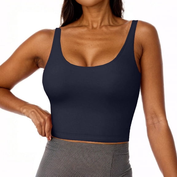 Nestiefly Womens Built in Shelf Bra Racerback Tank Tops Padded Ribbed Halter Strap T Shirts Slim Fitted U-Neck Tee Navy XL