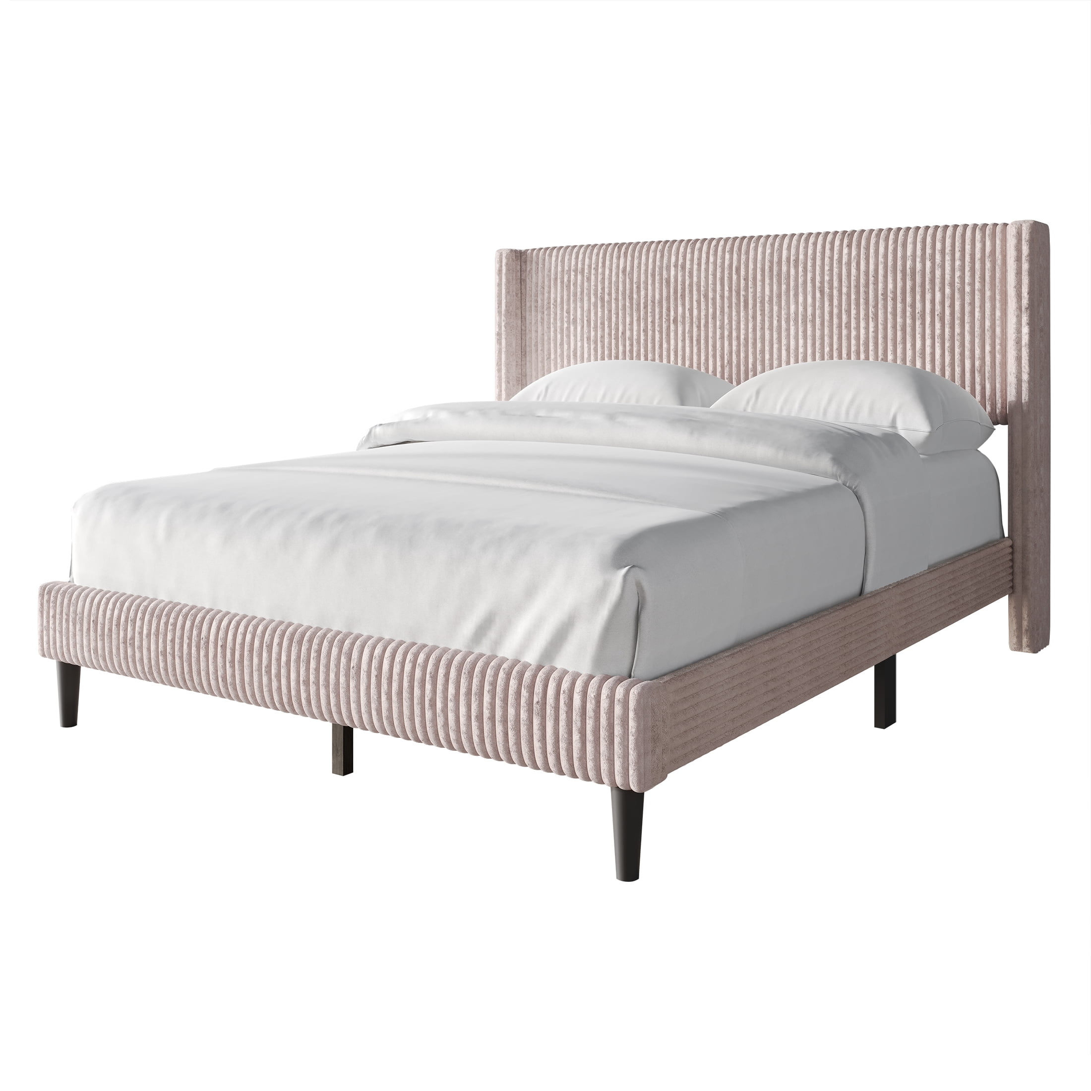 Castle Place Modern Wingback Corduroy Velvet Upholstered Twin Platform Bed, Light Pink
