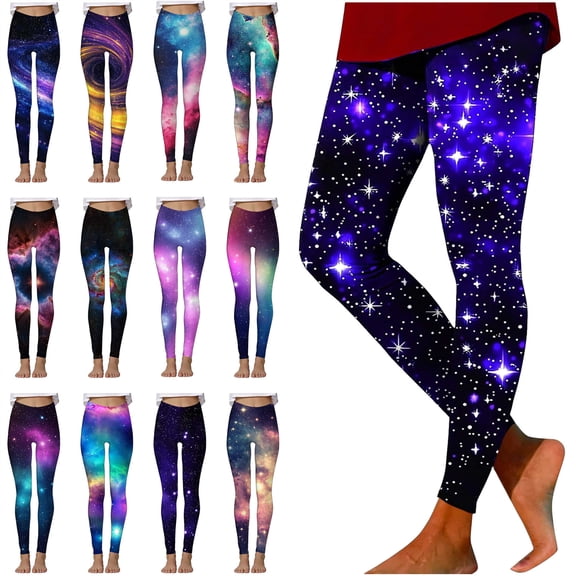 lcziwo Womens Galaxy Printed Yoga Leggings Tummy Control Fitness Tight Colorful High Waisted Workout Pants Blue S
