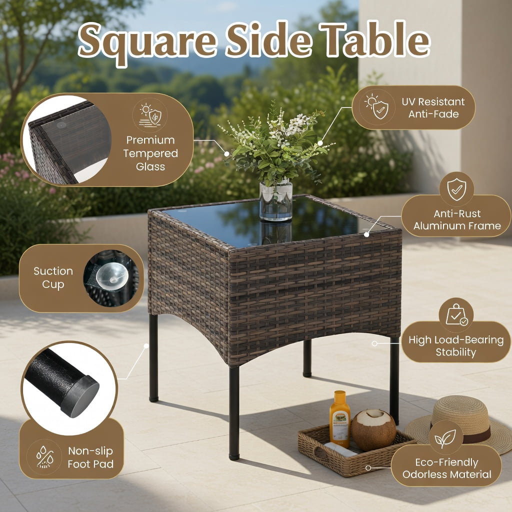 Hommoo 3-Piece Outdoor Wicker Patio Conversation Set with Tempered Glass Coffee Table, Cushioned Chairs & Rust-Resistant Metal Frame, Brown