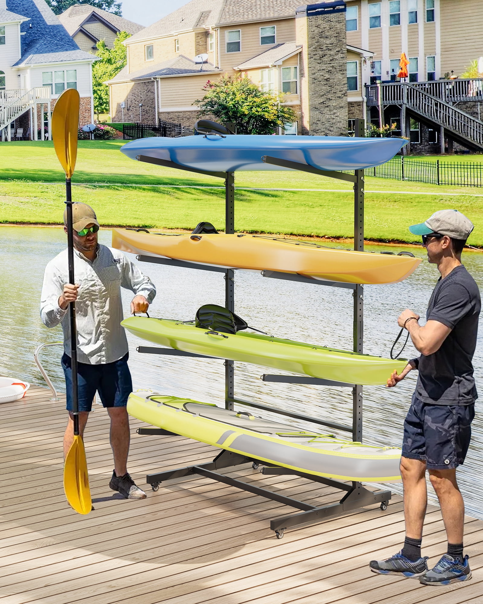 Mescukay Freestanding Kayak Storage Rack for 4 Kayaks, Outdoor Kayak Storage Racks with Wheels, Kayak Stand Heavy Duty Storage for Canoe, SUP and Surfboard