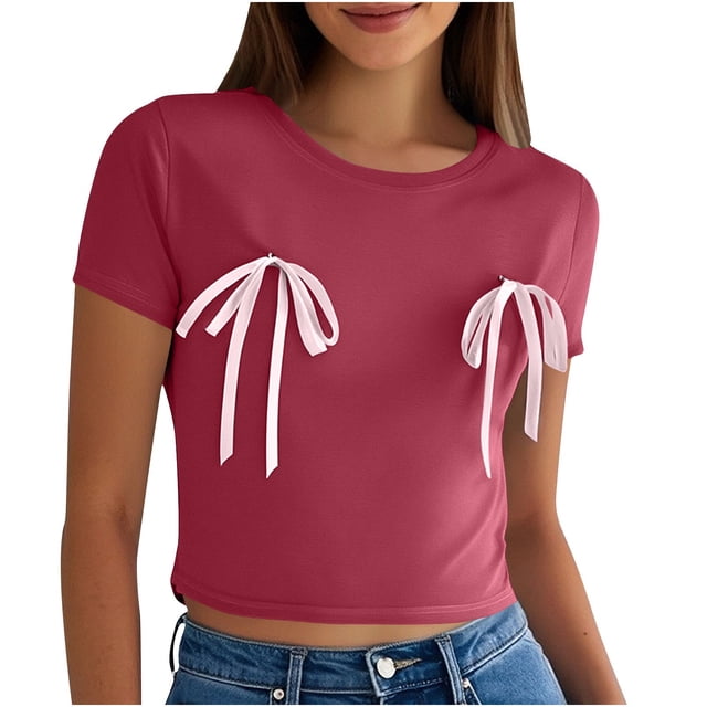 Yuyuzo Top Hauts de Sortie pour Femmes Nœud Papillon Manches Courtes Crop Col Rond T-Shirts Basiques d'Été