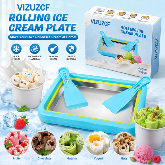 Rolled Ice Cream Maker Kit Stainless Steel Freezer Tray Cold Plate Roller Pan for Homemade Frozen Yogurt Desserts Lake Blue