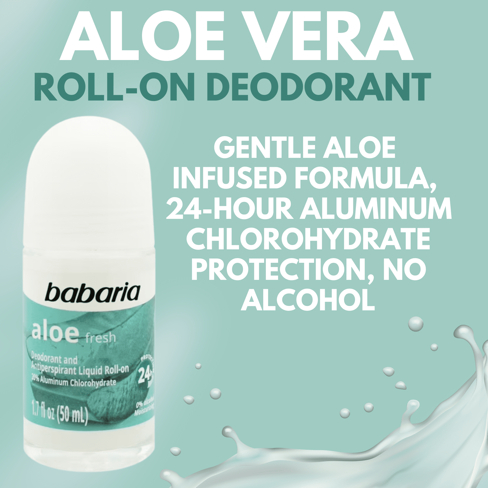 Babaria Aloe Roll-On Deodorant 50ml  24h Protection, No Alcohol (6-Pack)