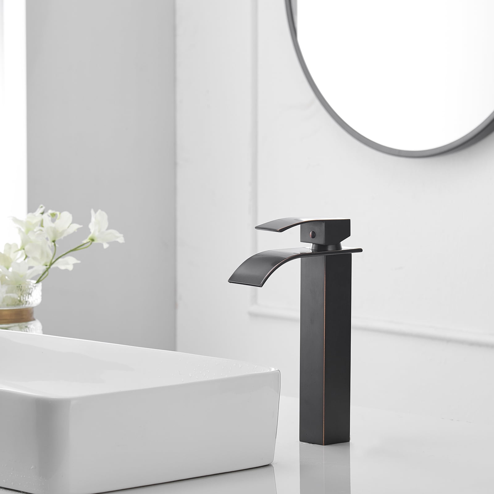 BWE Vessel Sink Faucet Modern Waterfall Oil Rubbed Bronze Single Hole Bathroom Faucet Single Handle with Pop up Drain Without Overflow Assembly Vanity Basin Bath Sink Faucets Mixer Tap