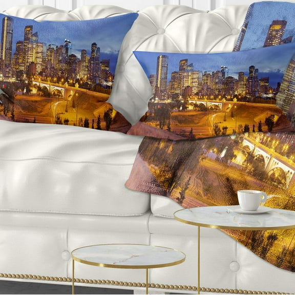 Designart Skyline of Calgary at Night Panorama - Modern Cityscape Throw Pillow - 12x20