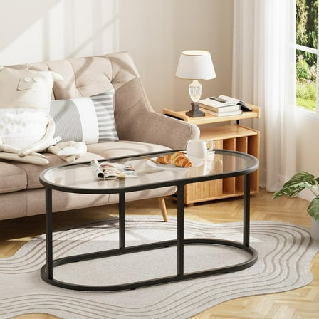 Coffee Table Black Glass Coffee Tables for Living Room, Oval Table Center Table with Sturdy Metal Frame,Modern Tempered Glass Accent Tables for Bedroom Home Office