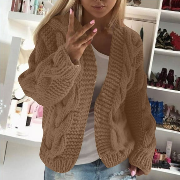 Aobny Chunky Winter Sweaters for Women Cardigan Cable Knit Khaki Long Sleeve Clothing Open Front Plus Size Womens Clothing,L