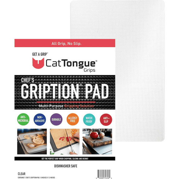 CatTongue Gription Non-Slip Pad for Kitchen - 8"x12" Non-Adhesive Anti Slip Mat - Dishwasher Safe Cutting Board Grip Mat, Non Slip Shelf Liner, Clear