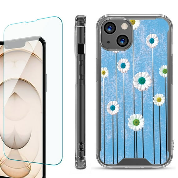Shockproof Bumper Phone Case for iPhone 13, with Tempered Glass Screen Protector, by OneToughShield ® - Daisy Sky