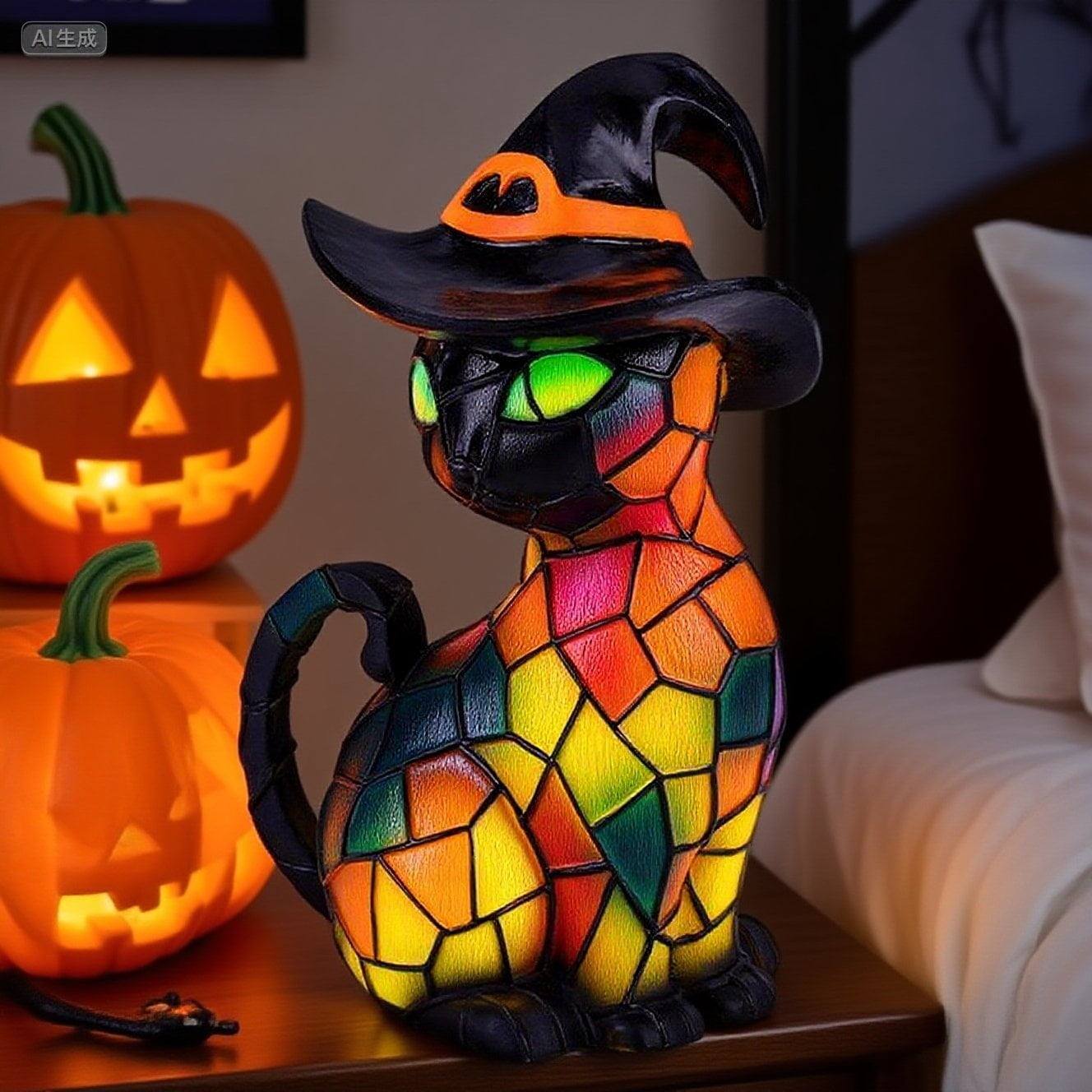 Halloween Theme Cat Lantern - Stained Resin Pumpkin Cat Night Light, 3D Cat Wear Witch Hat Bedside Lamp