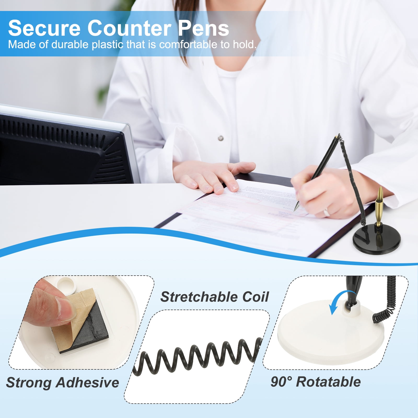 Uxcell 12 Pcs Secure Pen with Adhesive Chain and Security Pen Holder, Reception Counter Pens Desktop Pen Black Ink Refills for Desk Workplace Office Home Supplies, Flat Base, White