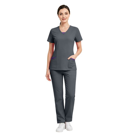 VV AVEORS Women Scrubs Sets Stretch Tops With Pockets & Cargo Pants Jogger Nurse Work Uniform Quick Drying Workwear Gray L