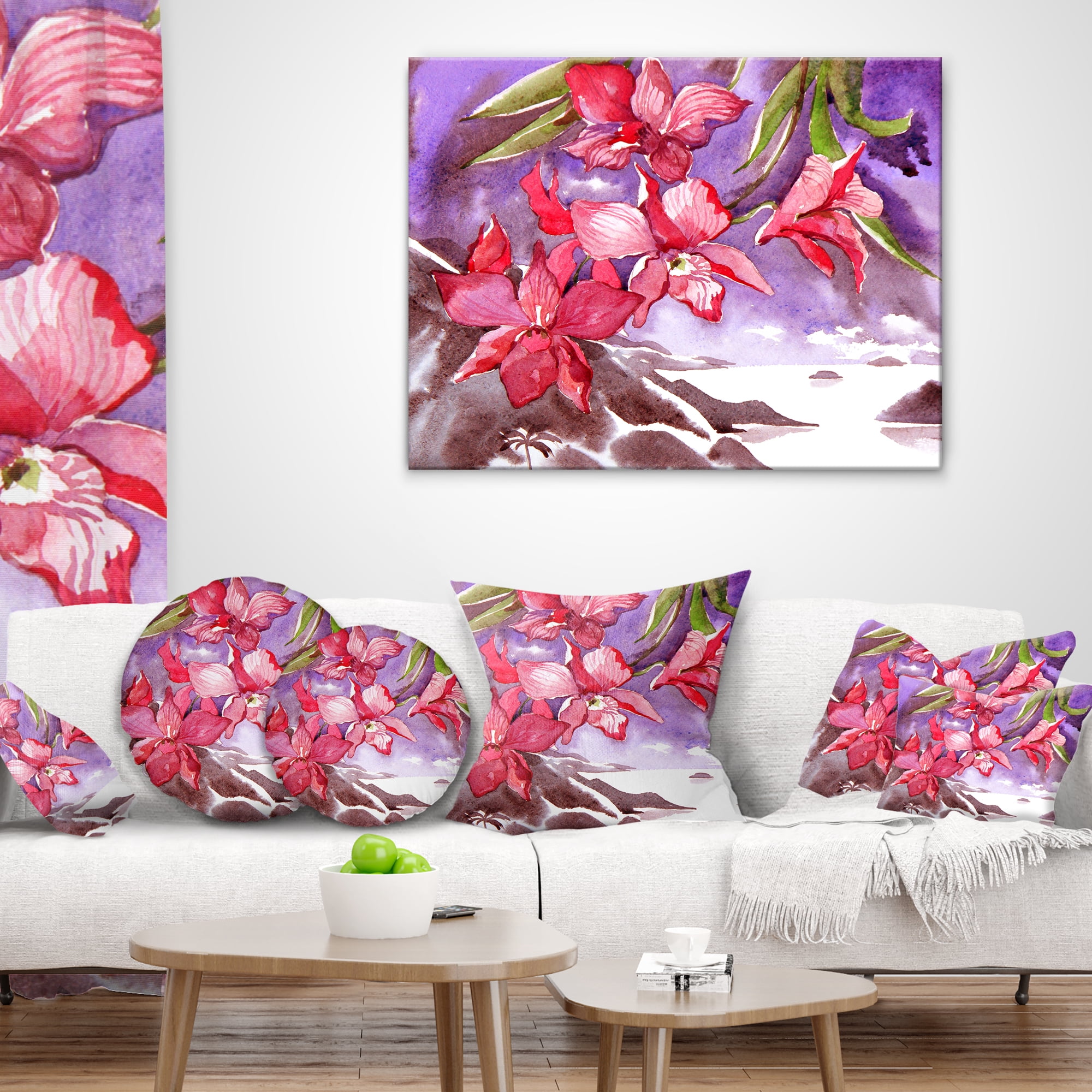 Designart Red Orchid with Sea - Floral Throw Pillow - 12x20
