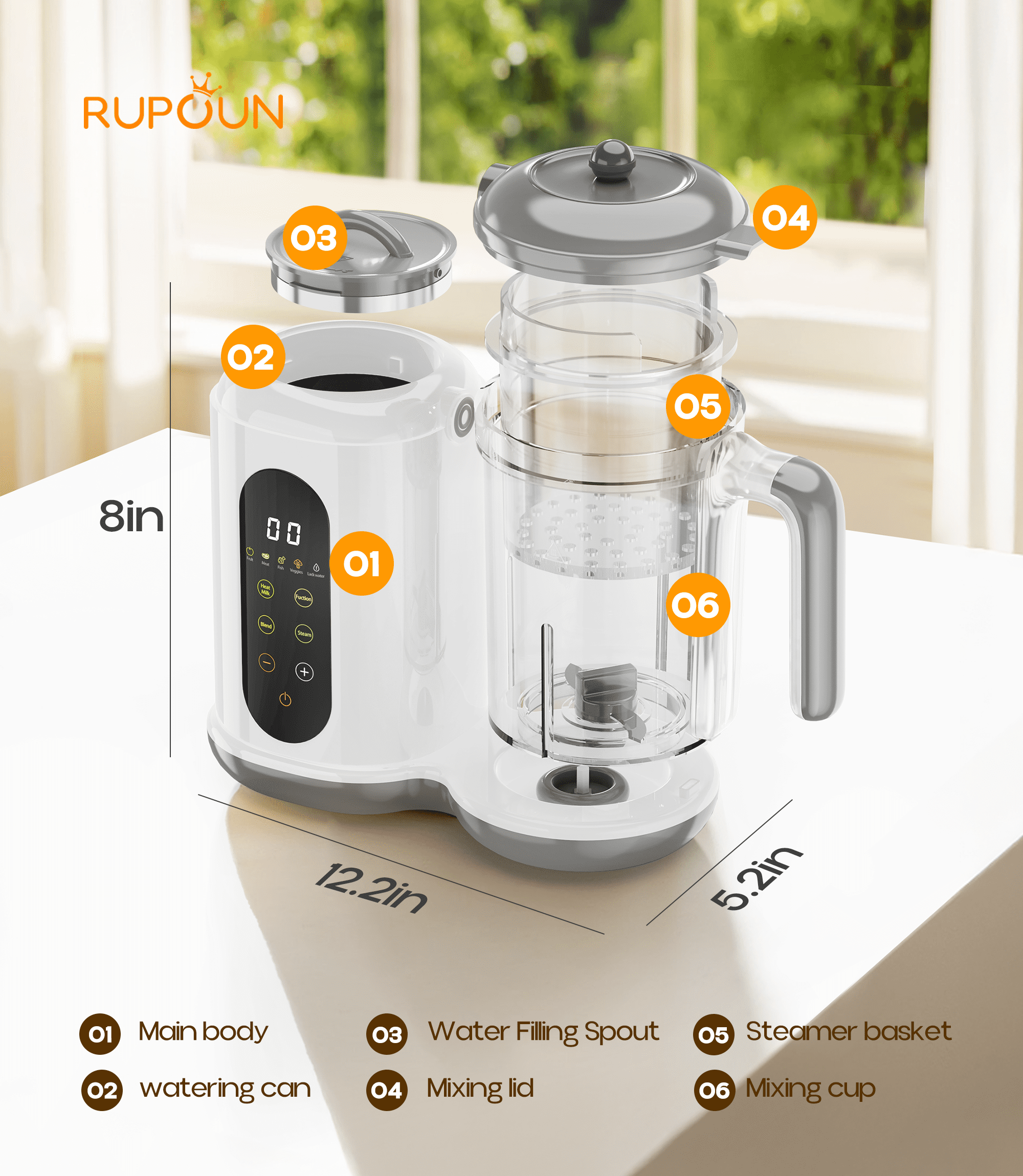 RUPOUN Baby Food Maker and Steamer, Food Processor, Blender and Puree Maker, Gift for Healthy Homemade Meals, Child, Infant, Toddler, White