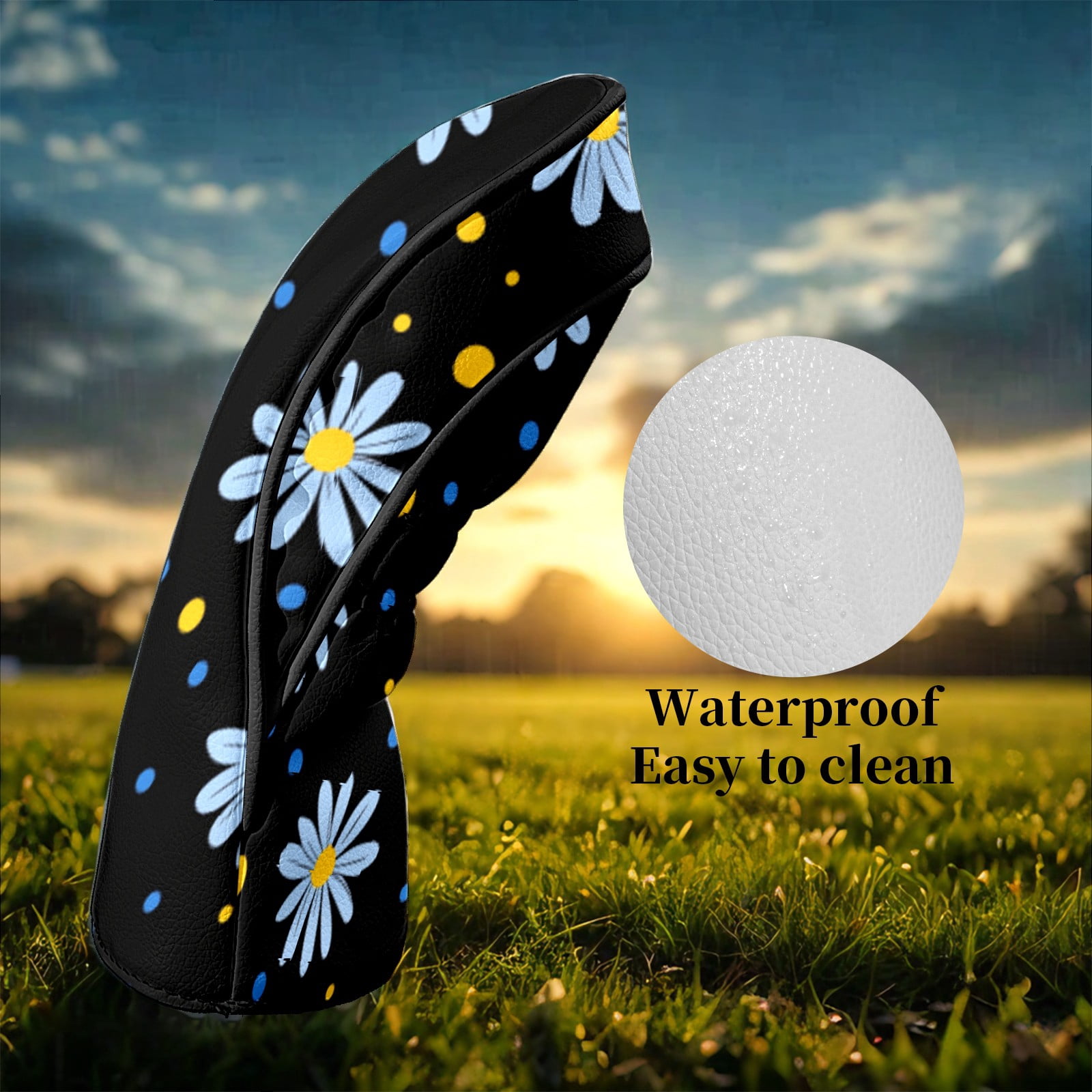 Golf Club Head Covers DaisyFlower Waterproof Leather Golf Head Covers for Men Women Driver Head Cover Fairway Headcover for Golf Lovers