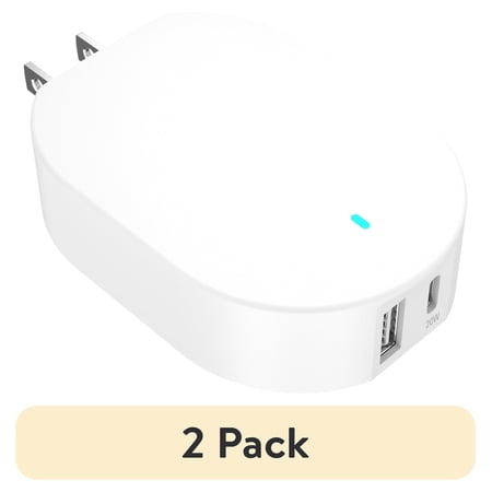 (2 pack) onn 32W Dual USB-C and USB-A Port Wall Charger Fast Charging USB-IF Certified Foldable Plug White - Compatible with iPhone Samsung Galaxy Note Pixel Devices iPad Pro & More