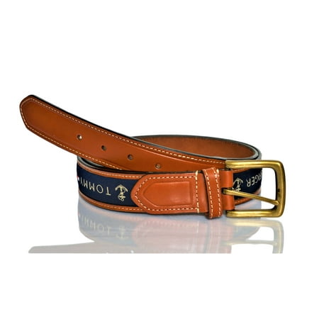 tommy hilfiger men's ribbon inlay belt - ribbon fabric design with single prong buckle, navy, 40