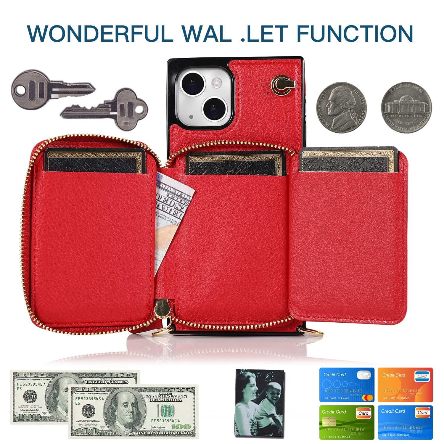 TECH CIRCLE For iPhone 12 Pro Wallet Case,Card Holder Phone Case for Women, Zipper PU Leather Purse Kickstand Folio Flip Case with Crossbody Strap for Apple iPhone 12 Pro 6.1" 2020,Red