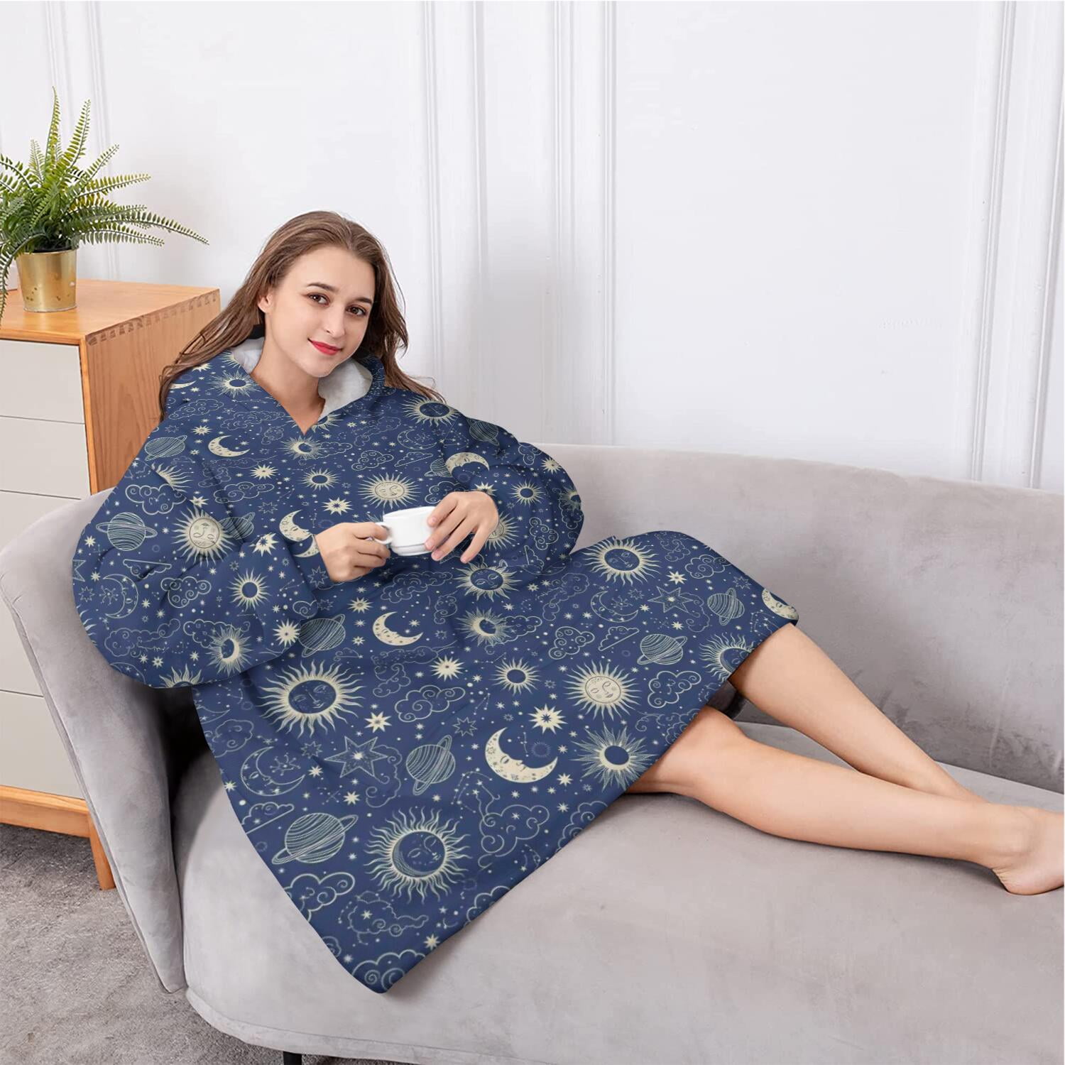 Oversized Wearable Blanket Hoodie,Dark Blue Celestial Pattern Sherpa Blanket Hoodie with Super Pockets,Super Warm Fuzzy Pullover for Women & Men