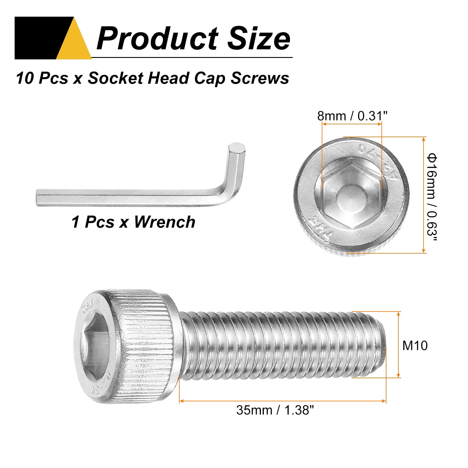 Uxcell 10 Pack Hex Socket Head Cap Screws Bolts, M10x35mm 304 Stainless Steel Socket Drive Machine Screws Bolts with Wrench, Full Threaded, Silver