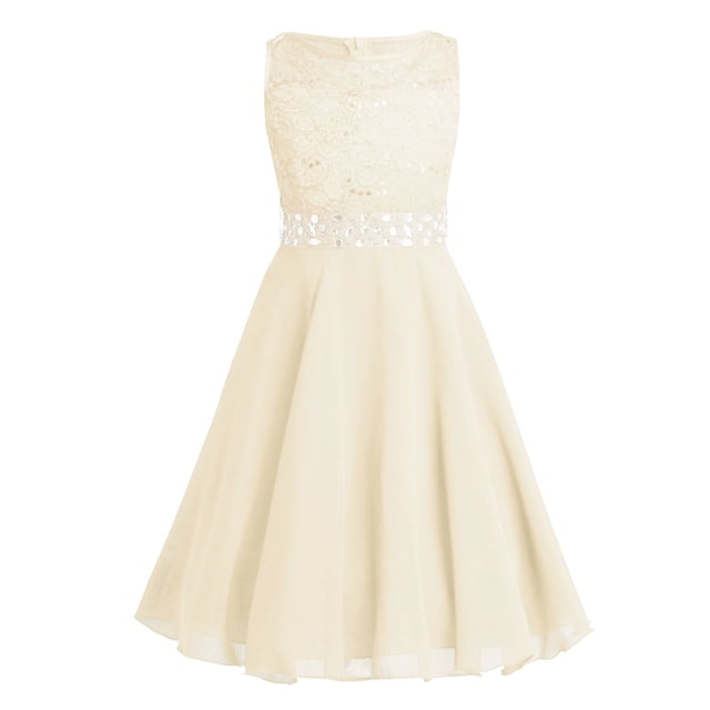Yanarno Robe en Dentelle Florale pour Enfants Filles Robe de Mariage Concours Anniversaire Robe de Fête à Sequins Brillants Robe de Bal Beige 6