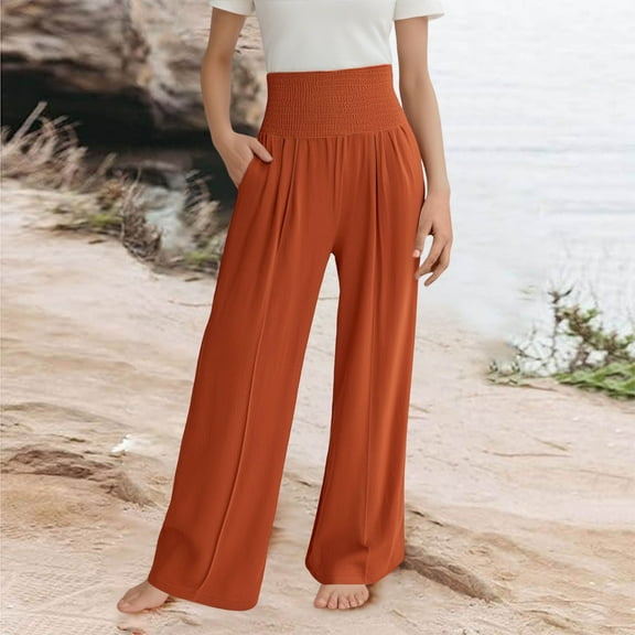 Girls Linen Palazzo Pants Summer Boho Wide Leg High Waist Casual Pant 2025 Beach Travel Vacation Outfits Trendy Girls Pants Orange 4-5 Years