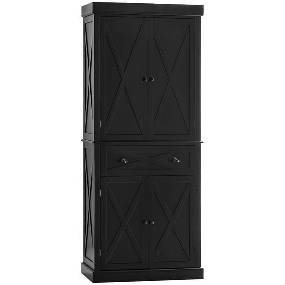 HOMCOM 72" Kitchen Pantry Storage Cabinet, Traditional Freestanding Cupboard with 4 Doors and 2 Adjustable Shelves, Large Central Drawer, X-Frame, Black