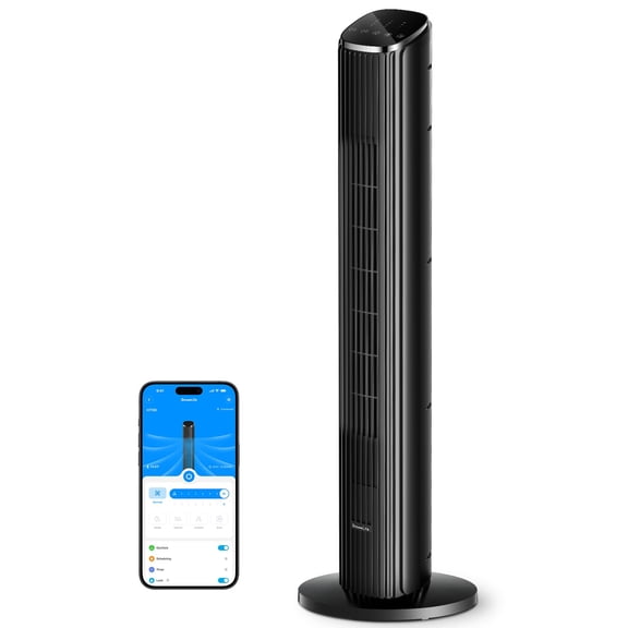 GoveeLife Ventilador de torre negro para dormitorio, ventilador de piso inteligente de 36 pulgadas con control de aplicación/voz, sensor de temperatura, 5 modos 8 velocidades (25 pies/s), ventilador o