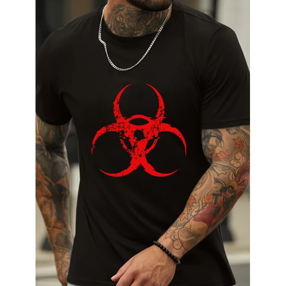 Men's Graphic T Shirt with Bold Red Biohazard Print 100% Cotton 180gsm Casual Short Sleeve Round Neck Tee