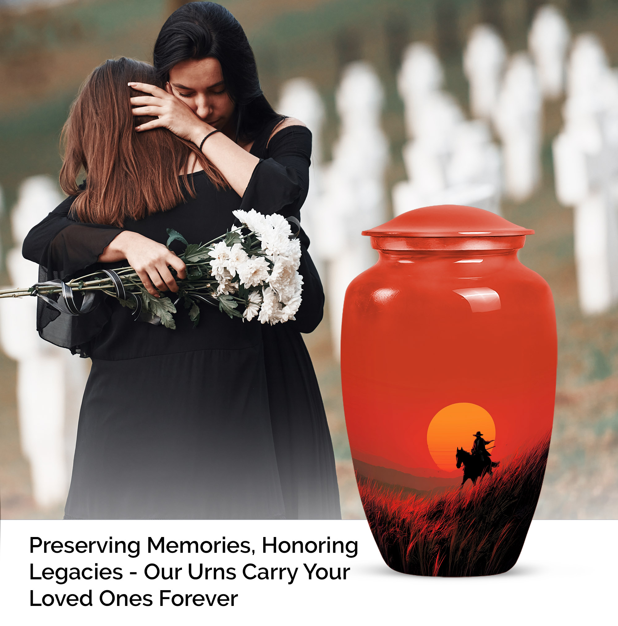 Sunset Cowboy Memorial Keepsake Urns For Ashes, Large Decorative Cremation Urns For Human Ashes Mom & Dad, Cremation Urns For Adult Women Ashes (Size-10 inch 1 Pc, 3 Inch 1pcs)