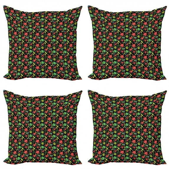 Leaves Throw Pillow Cushion Case Pack of 4, Autumn Foliage Pattern with Various Types of Silhouette Leaves on Black Backdrop, Modern Accent Double-Sided Print, 4 Sizes, Multicolor, by Ambesonne