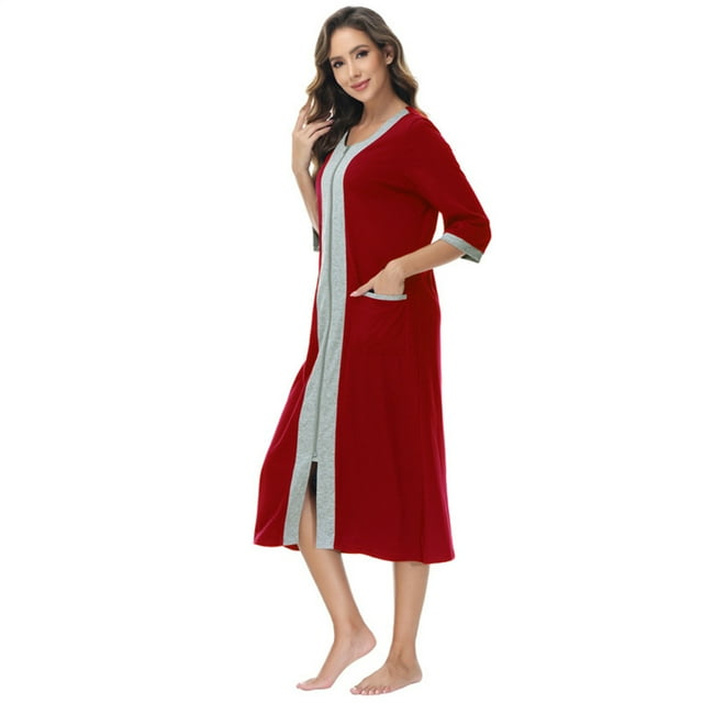 KYAIGUO Robe de Chambre à Manches Longues pour Femmes, Fermeture Éclair, Chemises de Nuit en Coton Doux, Tailles P-2TG, Vêtement de Nuit, Robe de Nuit, Chemise de Sommeil, Robe de Pyjama