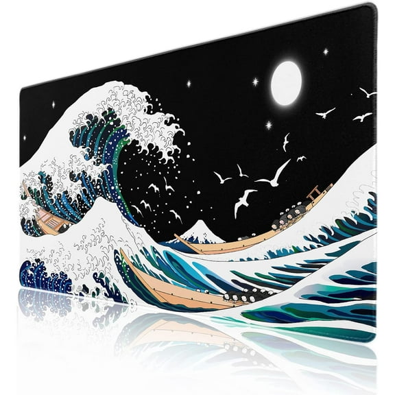 Japanese Wave Mouse Pad XXL Black Blue Sea Aesthetic Moon Extended Desk Mat 90X40 CM Non-Slip Rubber Base with Stitched Edge Large Playmat for Keyboard Gaming Laptop Office Desktop,35.4×15.7 in