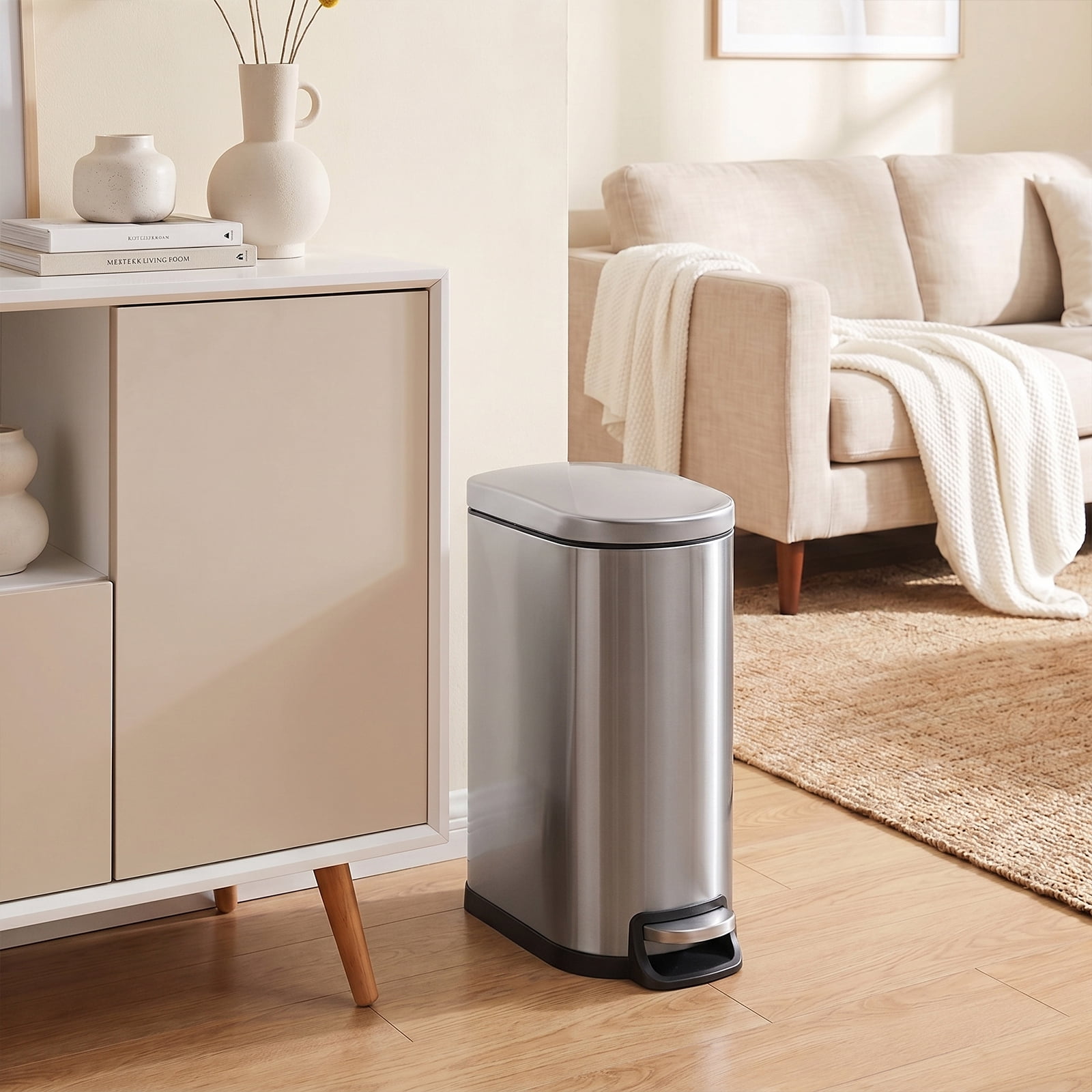 Simplykleen 10L/2.6 Gallon Curved Step Trash Can Stainless Steel Garbage Can with Foot Pedal, Removable Inner Bucket for Kitchen Bathroom Office, Silver