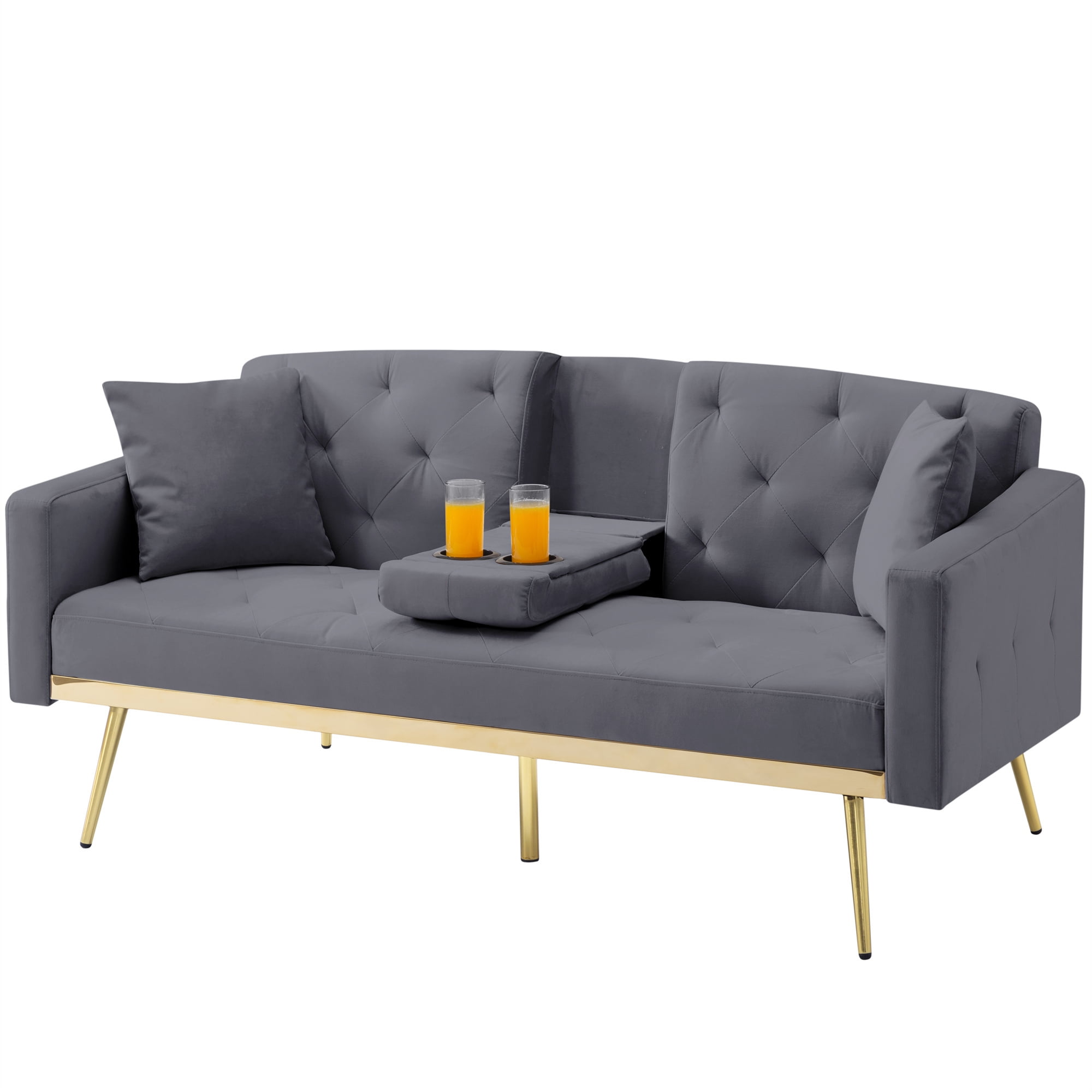 Aukfa Velvet Futon Convertible Sofa Bed for Home Office, 2 Pillows& Cup Holders, Tufted Futon, Gray